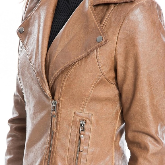 Max Studio Tan Leather Moto Jacket Fitted Silhouette - Picture 5 of 16